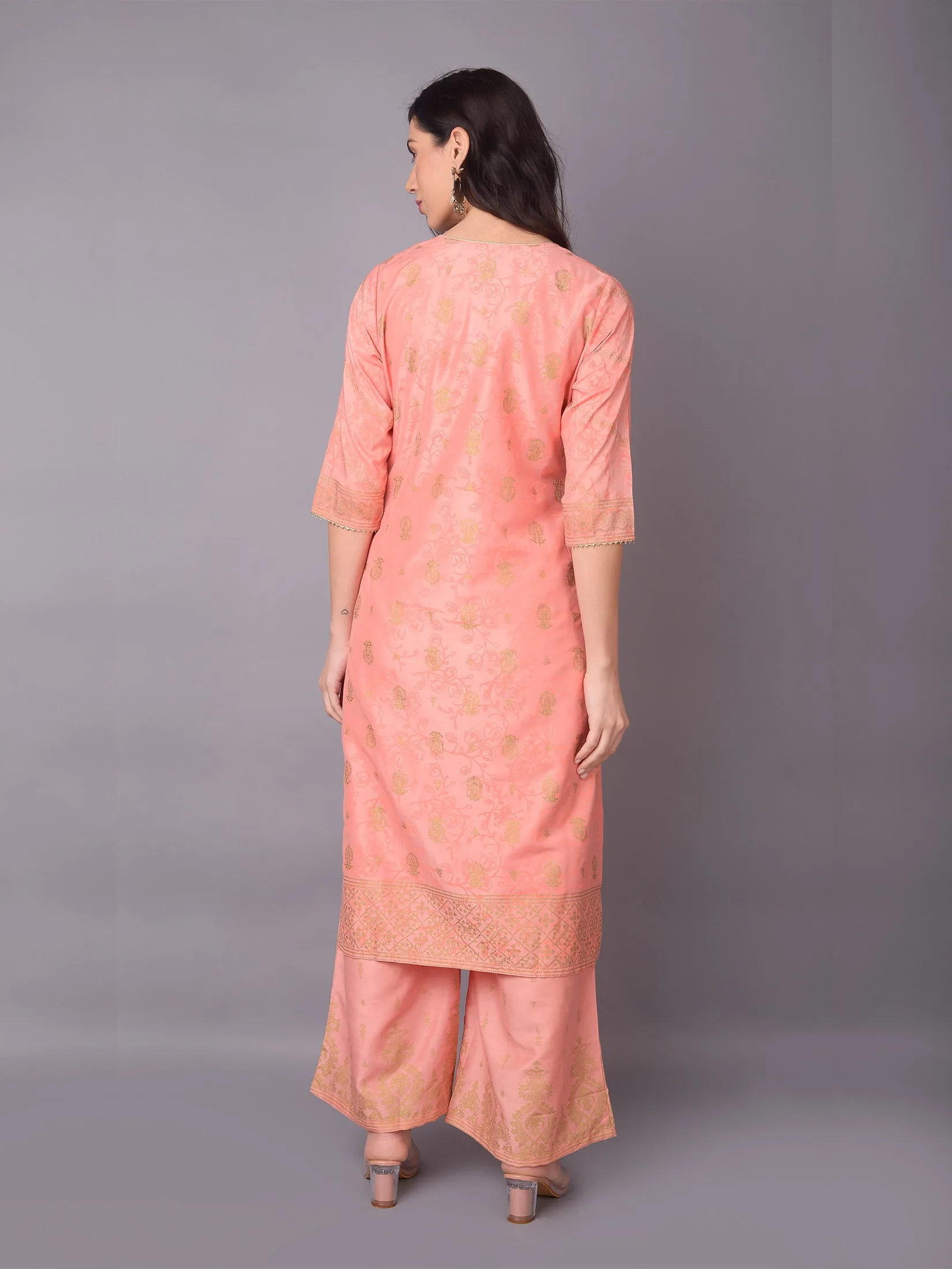 Women Pink Ornamental Printed Kurta With Wide Leg Pant