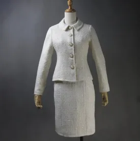 Women's Hand Made Vintage Style Light Beige Tweed Jacket Coat Blazer