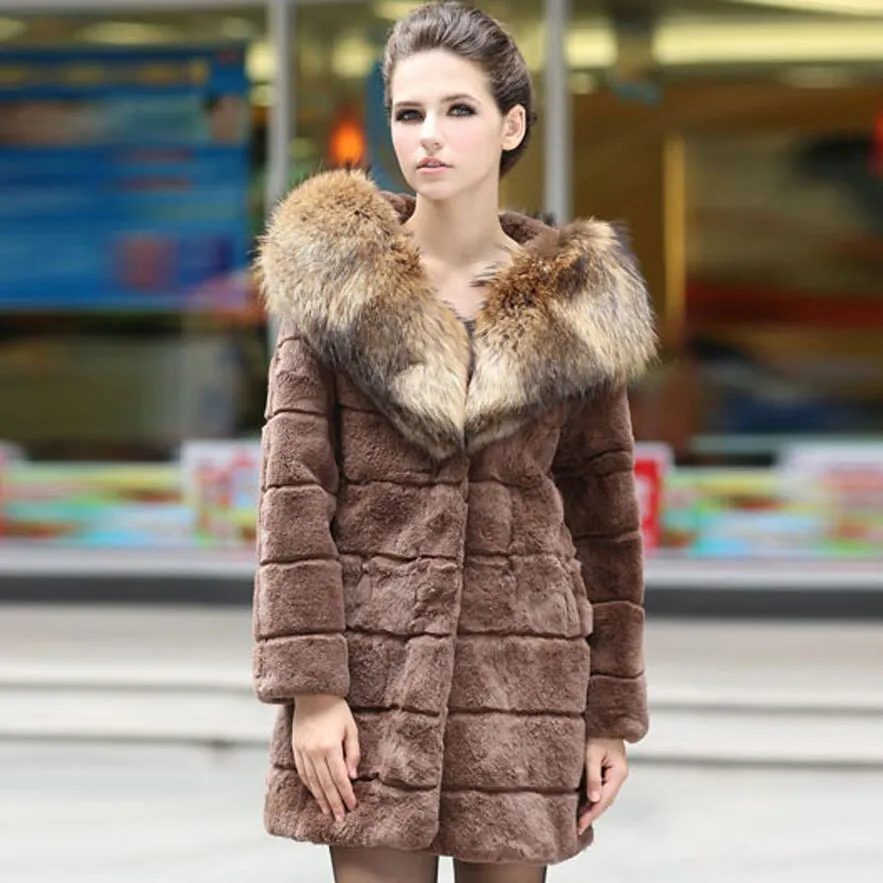 Women's  Real REX Rabbit Fur Coat with Hood Big Raccoon Fur Collar Jacket 010169