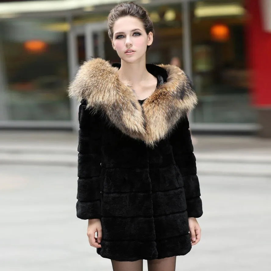 Women's  Real REX Rabbit Fur Coat with Hood Big Raccoon Fur Collar Jacket 010169