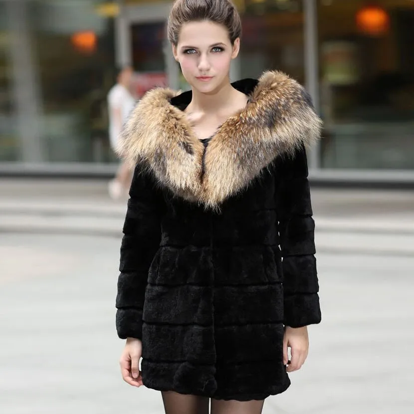 Women's  Real REX Rabbit Fur Coat with Hood Big Raccoon Fur Collar Jacket 010169