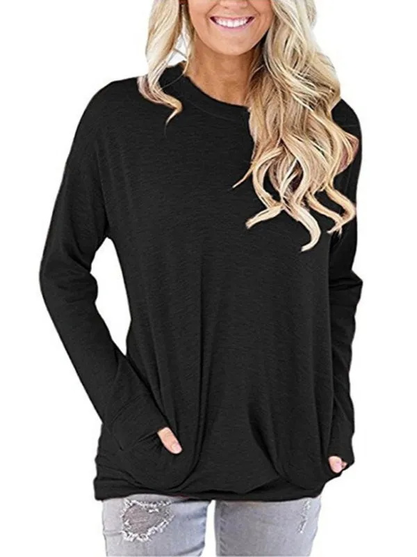 Women's Round Neck Batman Long Sleeve Pocket Solid Color Loose T-Shirt