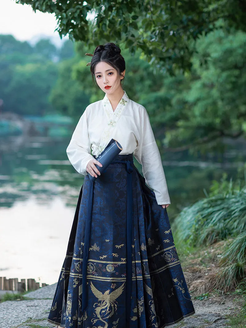 Woven Gold Phoenix and Xiangyun Floral Yarn-dyed Jacquard Cloth Mamianqun Hanfu Skirt Daily Wear