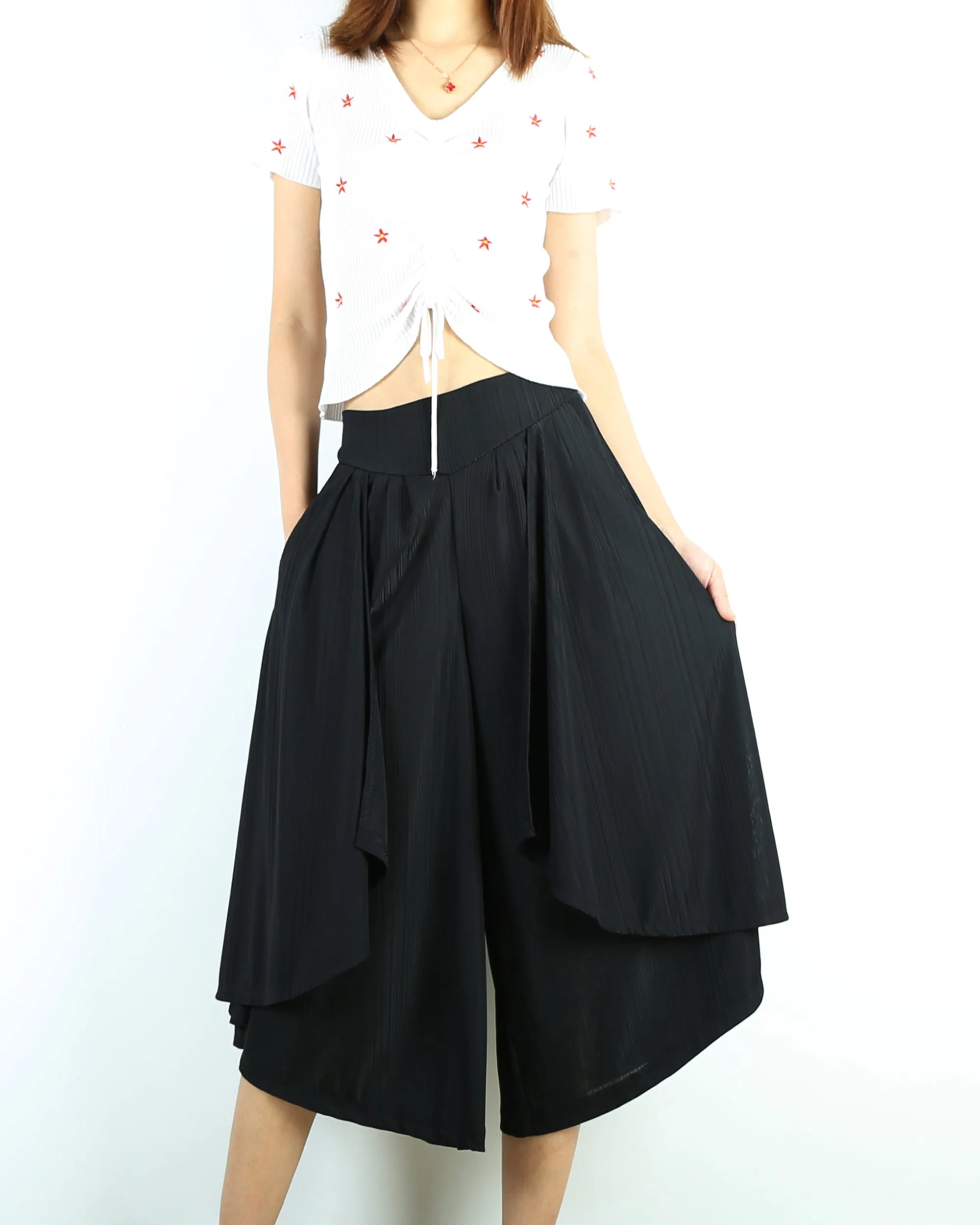 Yoga skirt pants/black skirt pants/oversized pants/elastic waist pants/asymmetrical trousers (K1661)